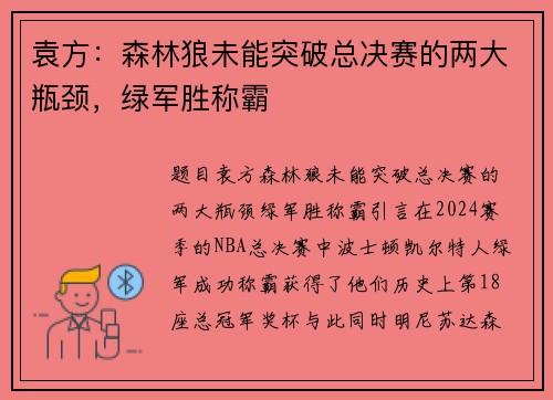 袁方：森林狼未能突破总决赛的两大瓶颈，绿军胜称霸